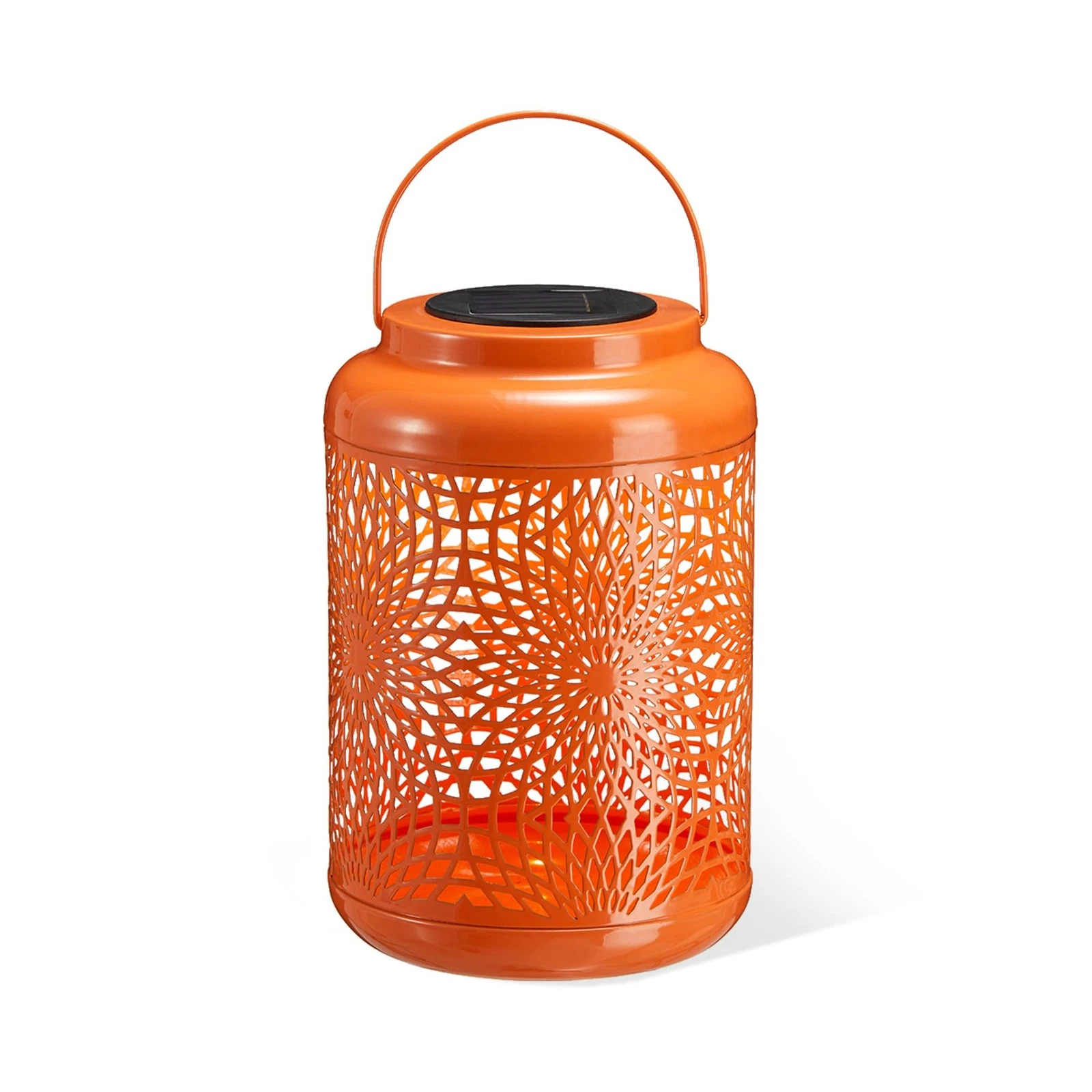 Solar Lantern Orange Metal Cutout Scrollwork Outdoor Hanging Solar Light with...