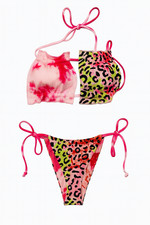 Zaful NWT Patchwork Ribbed Bikini Set Pink Tie Dye Leopard MED Tie Cheeky-I106
