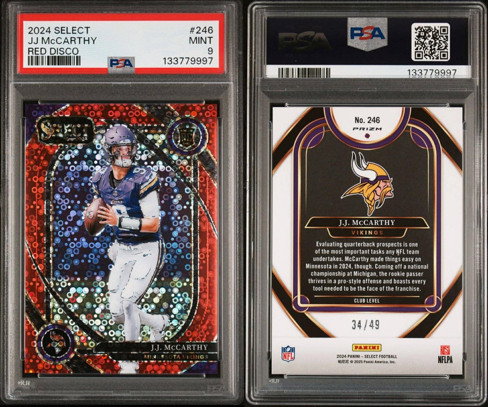 J.J. McCarthy RC, Club Level-Red Disco /49 #246 - 2024 Panini Select - PSA 9