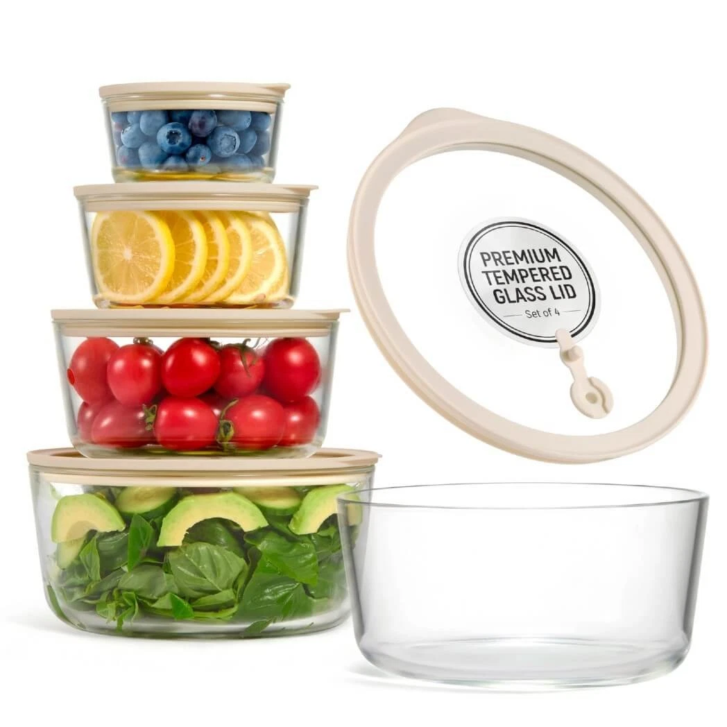 Glass Storage Container Set, with Glass Lids, Set of 4, Round
