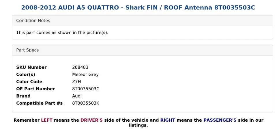 AUDI A5 QUATTRO 2008-2012 - Antena de techo/aleta de tiburón 8T0035503C Foto 4 de 4