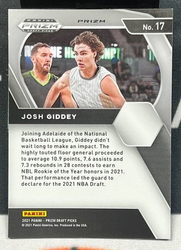 2021 Panini Prizm Draft Picks Red Cracked Ice #17 Josh Giddey RC THUNDER - Picture 2 of 2