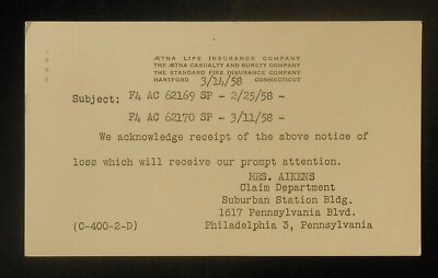 1958 Aetna Life Insurance Company Claim Department Suburban Station Philadelphia