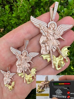 MOISSANITE St Michael & Dragon Pendant 925 Silver - Rose & Yellow Gold Necklace