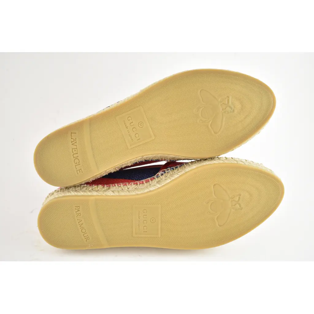 Gucci Sylvie Canvas Leather Red White Blue Logo Stripe Flat