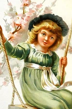 Ellen Welby 1894 GIRL CHILD oN SWING Antique Chromolithograph Large Print Matted