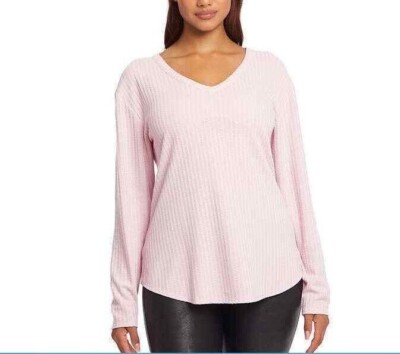 NWT Chaser Womens Waffle Knit Pink V-Neck Top Shirt Long Sleeve XXL $50 3B111