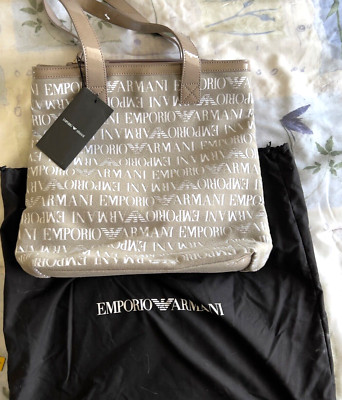 NWT EMPORIO ARMANI Tote Bag Beige Logo & All-over Pattern YEWWI60 & Dust Bag