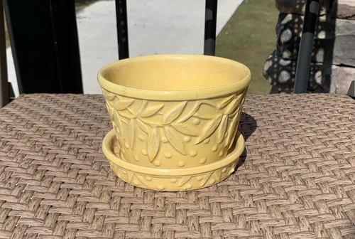 Vintage McCoy Pottery Dots and Leaves Planter & Tray Yellow