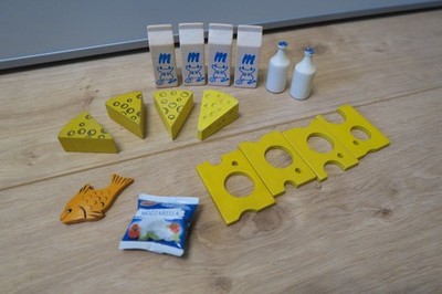 Haba Kaufladen Milch Käse Fisch Spiel Holz Kinder Kaufmannsladen Waren Rollen