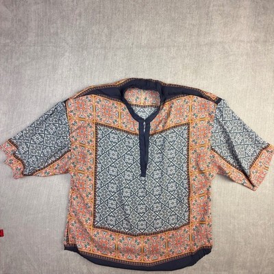 Zara Basic Women Blue Orange Geometric Tile Print Split Neck Blouse Top Large