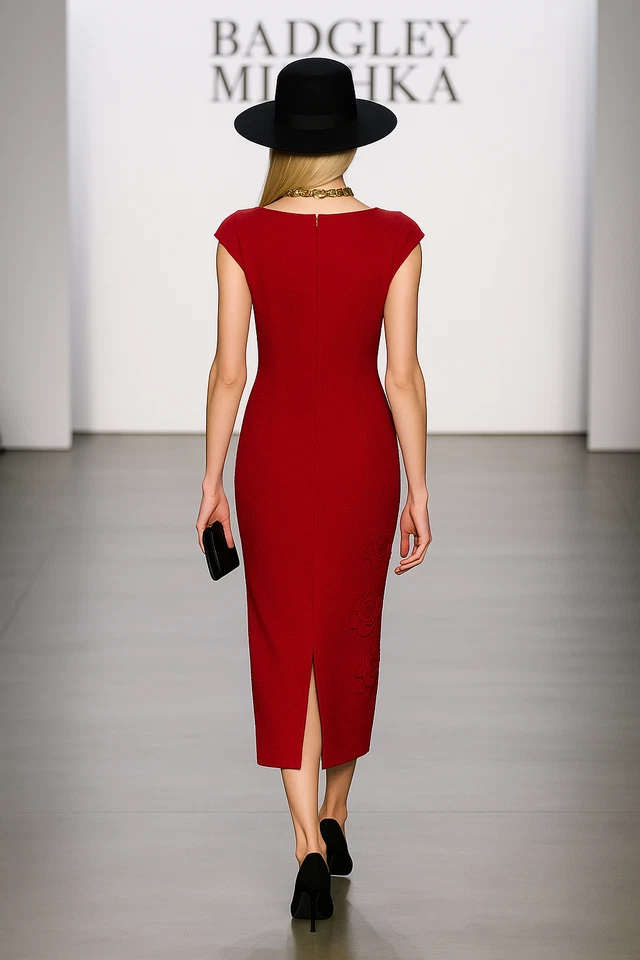 Vestido Badgley Mischka Rojo Manga Gorra Hasta el Tobillo Apliques Florales Talla 0 Pasarela Foto 2 de 4