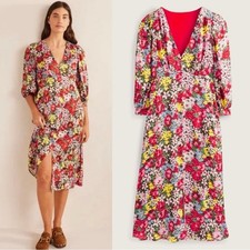 Boden Button Detail Satin Tea Midi Dress Moire Bloom