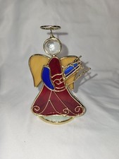 VTG Stained Glass Angel Halo w Harp Tea Light Holder Red Dress Yellow Wings