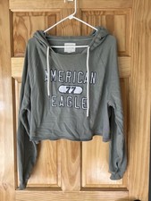 American Eagle Cropped Graphic Hoodie Sweatshirt Women's Size Large In Olive