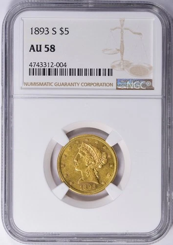 1893-S LIBERTY HEAD HALF EAGLE $5 GOLD NGC AU58