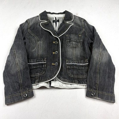 Womens AP Dark Wash Denim Blazer Jacket Contrast Trim Y2K Casual Chic Style