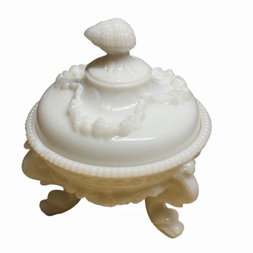 Vintage White Milk Glass Sea Shell Dolphin Footed Candy Dish with Lid*Small Chip
