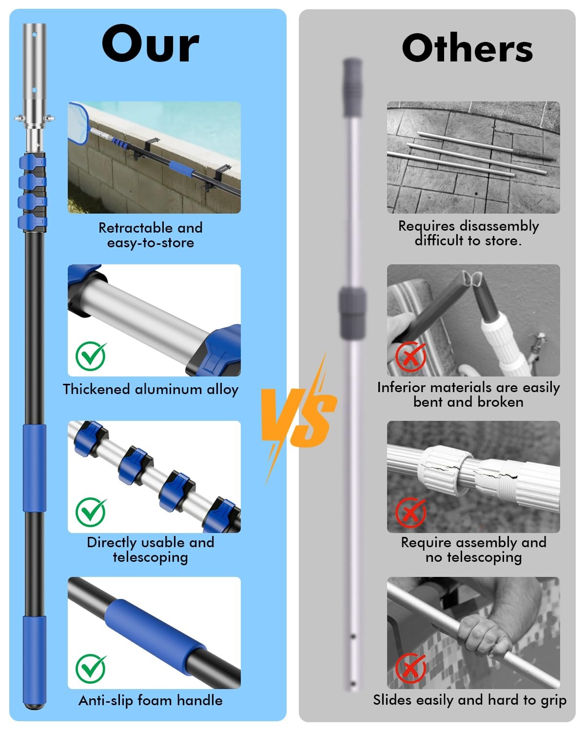 Pool Pole Telescopic 16FT Heavy Duty Upgraded Aluminum, 16 Ft Extension/Exten...