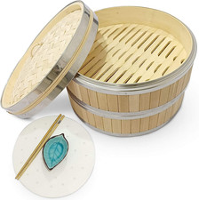 Handmade Chinese Bamboo Steamer Cooker Lid 2 Layer Tier steel rings 25 cm UK