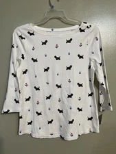 Charter Club Supima Cotton  White 3/4 Sleeves Top with Black Dog Pattern L NWT