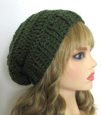 SLOUCHY BOHO BEANIE HAT RIBBED MEDIUM GREEN  TEXTURED EDGE HANDMADE CROCHET