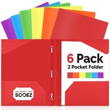 Sooez Plastic Folders with Pockets and Prongs, 6 Pack Pocket Folders with Prongs