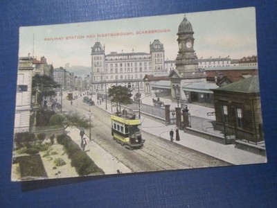 Postkarte von Scarborough, Bahnhof und Westborough (zeigt Straßenbahn) unbesendet