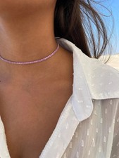 14K White Gold Plated 8 CT Round Cut Simulated Pink Sapphire Tennis Necklace 16"