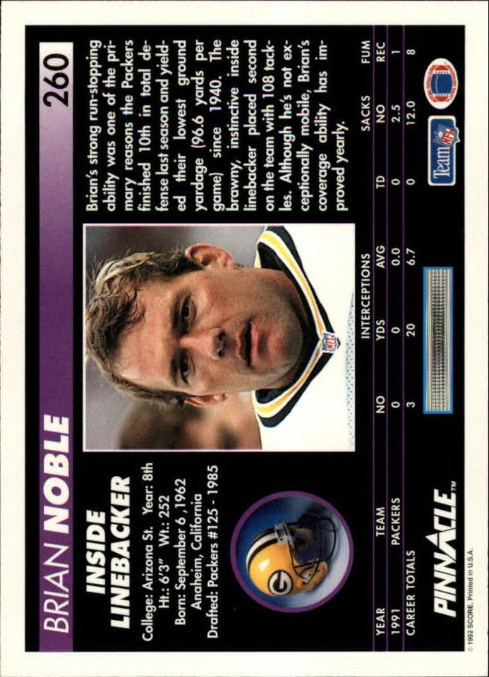 1992 Pinnacle #260 Brian Noble - NM - Image 2 of 2