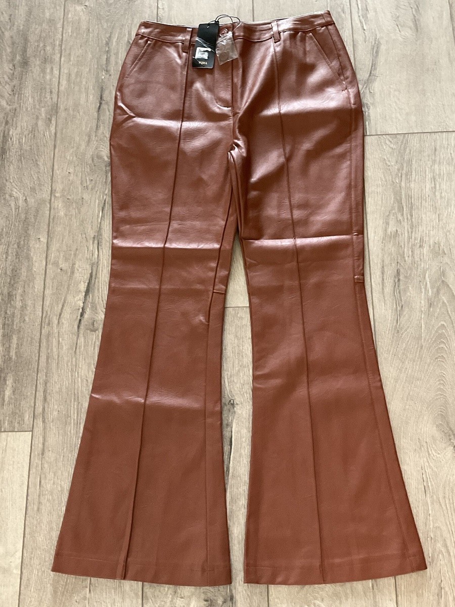 SHINESTAR Camel Colored Vegan Leather Bell-Bottom Inseam 31