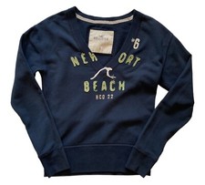 Hollister Women's Small Low V-Neck Sweatshirt Navy Blue Logo Raised Letters