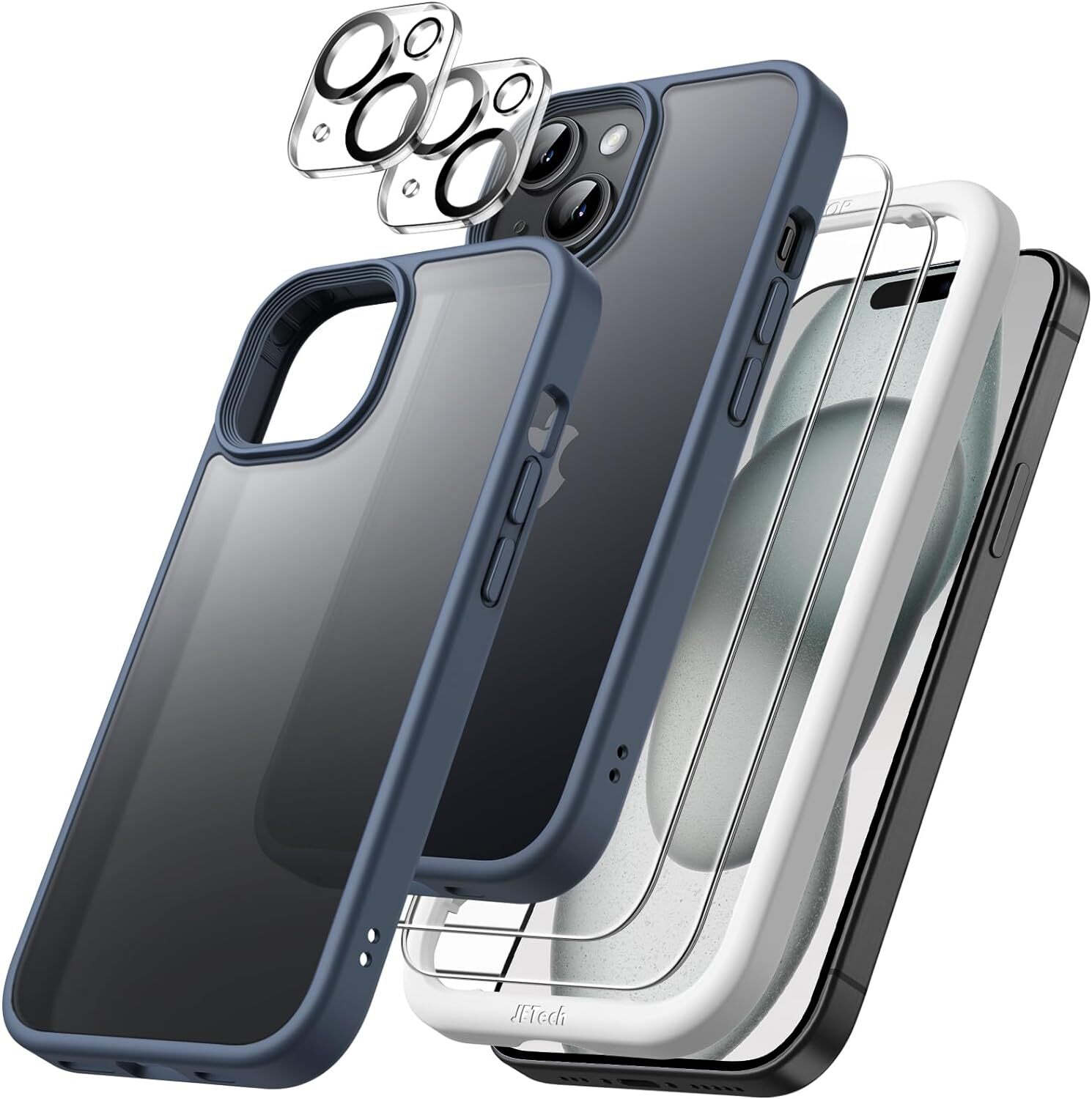 5 in 1 Matte Case for iPhone 15 6.1-Inch with 2-Pack Each Tempered Glass Screen