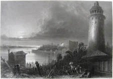 Istanbul Golden Horn GALATA KULESI TOWER CHRIST BEYOGLU 1839 Art Print Engraving