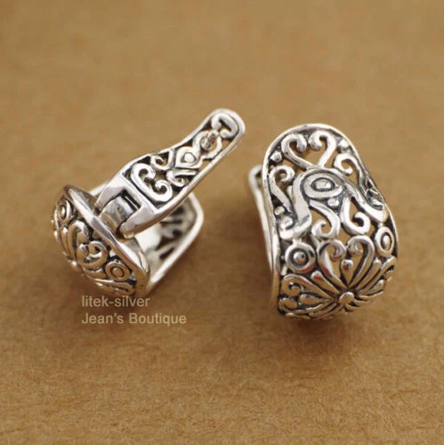 Pendientes de aro Huggie oriental filigrana retro de plata de ley 925 para mujer A1362 Foto 2 de 4