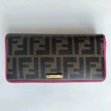 FENDI Zucca Coated Canvas Long Wallet Snap Closure Pink Trim