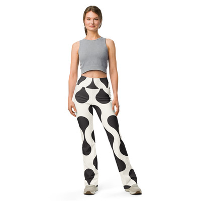 Black White Flare Leggings Abstract Pattern High Waist UPF Pocket Women's