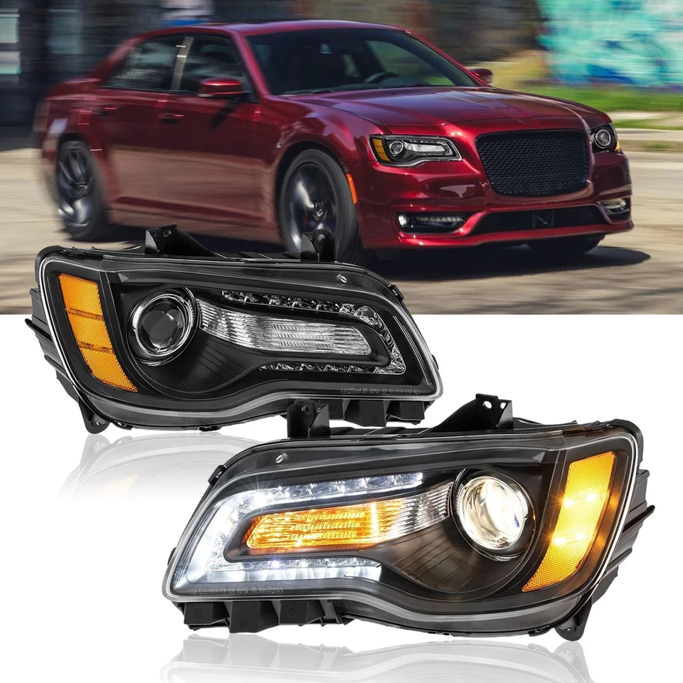 Par de faros proyectores LED DRL negros para Chrysler 300 2011-2023 con bombillas Foto 3 de 4