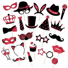 24 Pcs Photo Booth Props Set Black Gold Birthday, Red and Black
