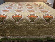 Vintage 1970's Quilt Baskets of Oranges handmade green orange 88 x 96
