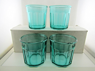 Luminarc 500 Working 14oz Green Aqua Teal 10 Panel Rolled Lip Glass Tumblers Vtg