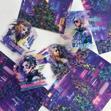 Holographic Cyber Punk Girl Stickers Purple Junk Journal Collage Scrapbooking