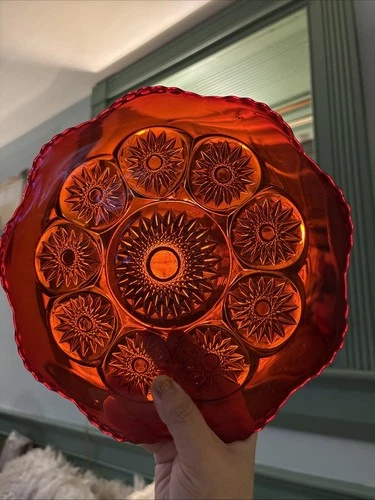 Rare Vintage Depression Plate Scalloped Edge Starbust Design Bright Red