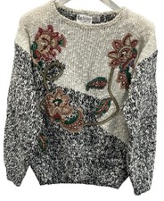 Vintage 80s Granny Sweater size M White Pink Floral Cottagecore Grandma Retro 3D
