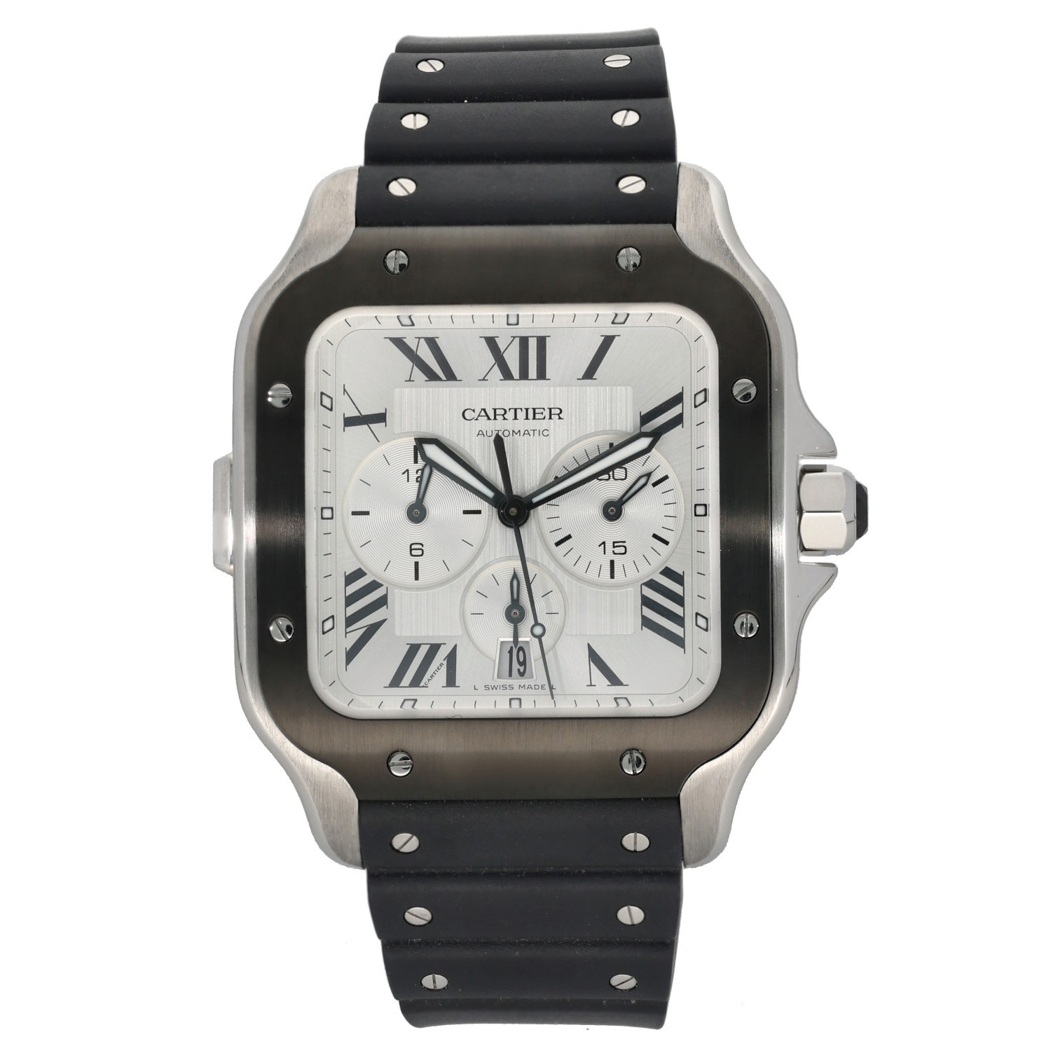 Cartier Santos De Cartier Steel Watch 41mm Grey Dial Adjustable Rubber Strap