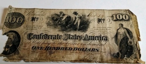 $100 1862 Richmond Virginia VA Confederate Currency Bank Note Bill RARE