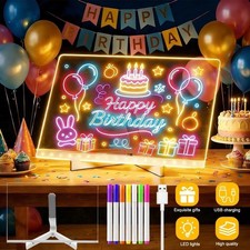 LED Note Board with Night Light & 7 Pens - Kids Drawing & Message Board 30x20cm