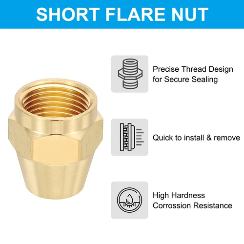 1/2" Brass Flare Nut, 10Pcs 45 Degree Short Flare Tube Fitting, Brass Tone - Picture 4 of 5