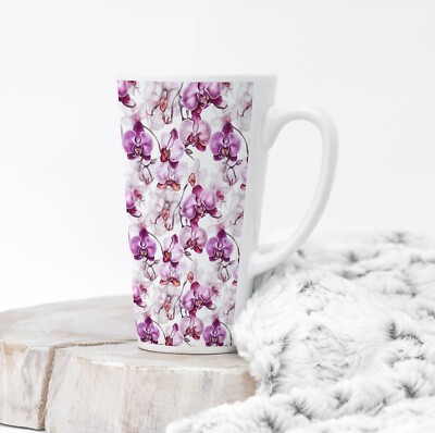 Purple Orchids Coffee Latte Mug 17 Oz Ceramic, Floral Cup Gift by Mugzan
