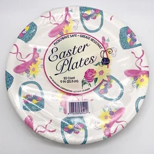 Vtg Easter Plates Plastic Coated Paper 1990s Easter Eggs Baskets & Hats NOS